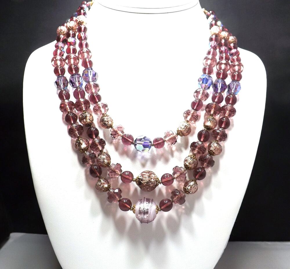 Art Glass Purple Gold Foil Beaded Necklace, Three Strands, 1960s Vintage Jewelry